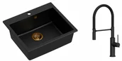 Zlewozmywaki z baterią - Quadron Zlewozmywak granitowy jednokomorowy 57*50*22 cm MORGAN 110 PURE CARBON czarny z miedzianym odpływem z baterią GEMMA Q LINE SLIM PURE CARBON z ruchomą wylewką kolor czarny/czarny wąż - miniaturka - grafika 1