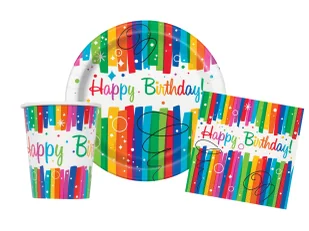 Zestaw urodzinowy Rainbow Happy Birthday - 32 szt. - Dekoracje i nakrycia stołu na imprezę - miniaturka - grafika 1
