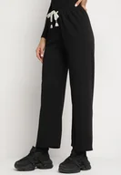 Spodnie damskie - Czarne Spodnie Szerokie w Prażki z Troczkiem w Pasie z Wysokim Stanem Saimira - miniaturka - grafika 1