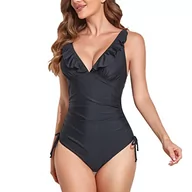 Stroje kąpielowe dla dziewczynek - Stroje kąpielowe dla kobiet V-Neck Sexy Marszczący Strój Kąpielowy Jednoczęściowy Kontrola brzucha, B-1 Czarny, XL - miniaturka - grafika 1