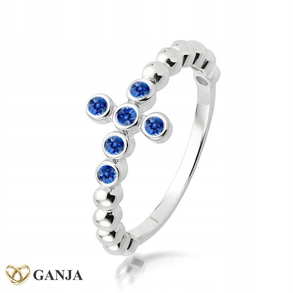 Pierścionek z krzyżem osadzonym w szafiry, AG925