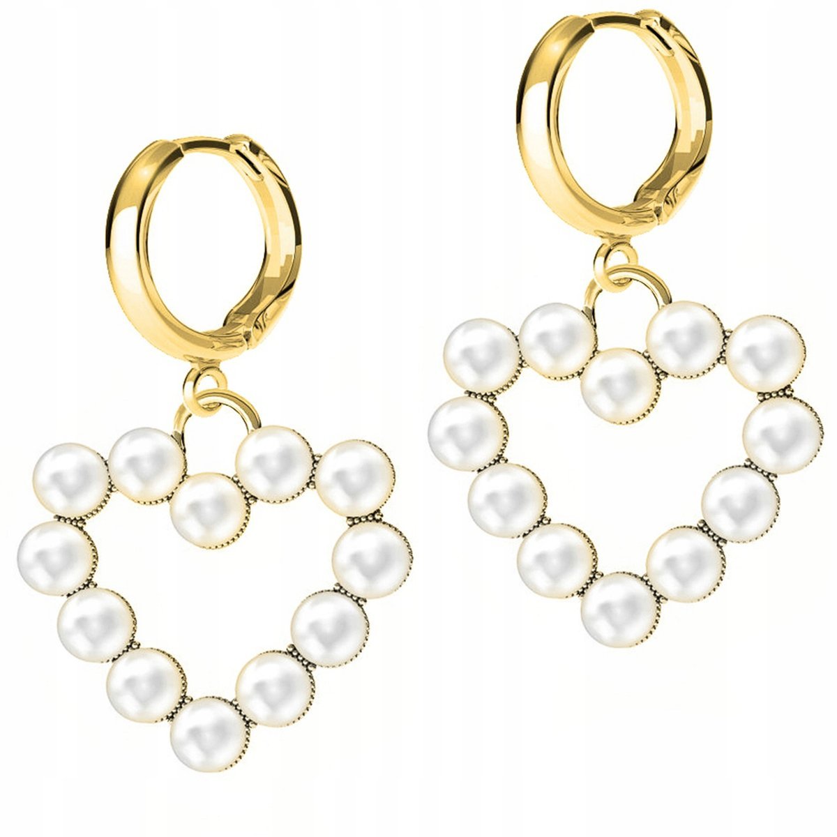 Złote Kolczyki Serce z Białymi Perłami Biała Perła Serduszko SREBRO 925