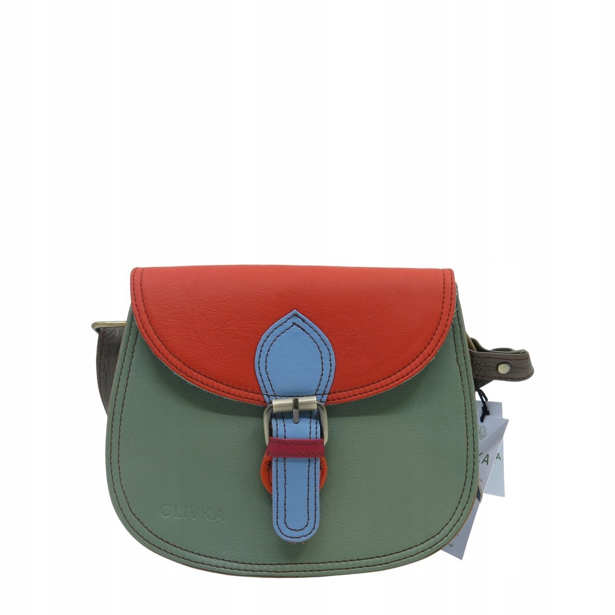 Damska listonoszka skórzana ze skrawków elegancka poręczna eko OLIVKA