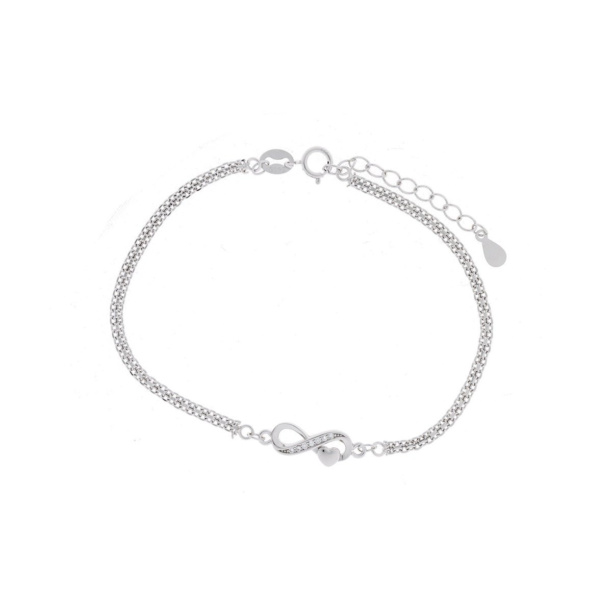Srebrna 925 bransoletka z symbolem nieskończoności i małym sercem