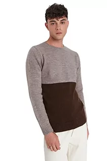 Swetry męskie - Trendyol Męska bluza z okrągłym dekoltem Colorblock Slim sweter, kolor norek, XL, Kolor norek, XL - grafika 1