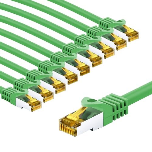 goobay 66110 CAT7 kabel sieciowy w zestawie 10 szt./kabel krosowy ekranowany S/FTP/CU Ethernet, PiMF, LSZH/Cat 7 kabel z 10 Gbits/zielony / 10 x 5 m