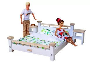 Komplet SypialniaASH drewniana podwójna dla Barbie i Kena : Łóżko + 2 szafki nocne + pościel , mebelki drewniane do domku dla lalek Model KONICZYNKI - Domki dla lalek - miniaturka - grafika 1