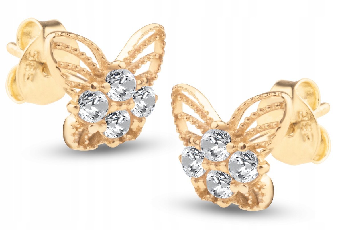 PIĘKNE ZŁOTE KOLCZYKI AŻUROWE MOTYLKI MOTYLE Z BIAŁYMI CYRKONIAMI 585 14KT