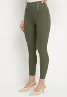 Legginsy - Ciemnozielone Legginsy z Wysokim Stanem Ozdobione Guzikami Kolithra - miniaturka - grafika 1