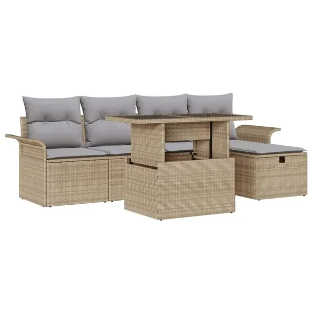 Zestaw Ogrodowy z Rattanu: Sofa, Stół, Podnóżek, Beżowy, 60 cm Głębo