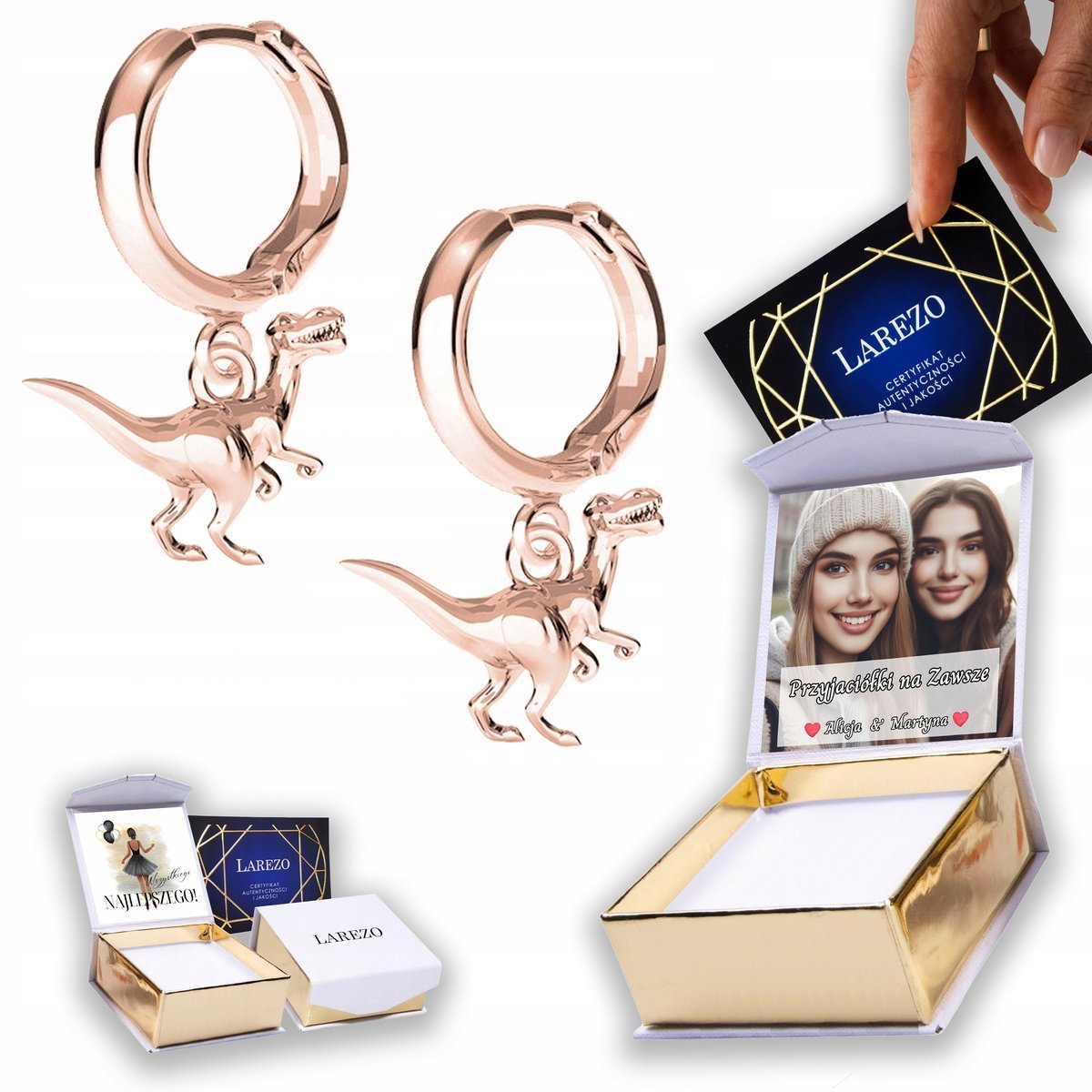 Kolczyki Pozłacane 925 z Dinozaurem Dinozaurami Dino Dinozaury T-rex NADRUK
