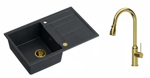 Quadron Zlewozmywak granitowy jednokomorowy 78*50*22 cm z ociekaczem MORGAN 111 BLACK DIAMOND ze złotym odpływem z baterią JESSICA Q LINE z wyciąganą wylewką i funkcją prysznica kolor złoty - Zlewozmywaki z baterią - miniaturka - grafika 1