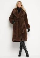 Płaszcze damskie - Brązowy Futerkowy Płaszcz z Szerokim Kołnierzem i Mankietami z Wiązanym Paskiem Viaruna - miniaturka - grafika 1