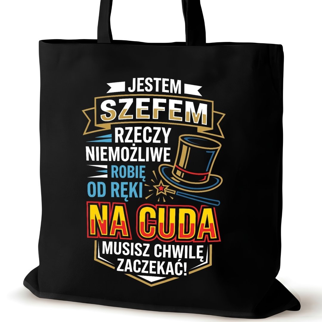 Torba bawełniana czarna dla SZEFA na ramię duża prezent śmieszna cuda