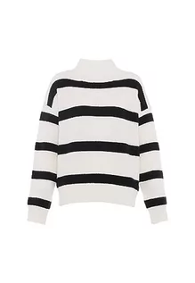 Swetry damskie - Blonda Damski sweter w paski, prosty dziergany sweter z długim rękawem akryl Wełna BIAŁA CZARNA Rozmiar XL/XXL, wełniany biały czarny, XL - grafika 1