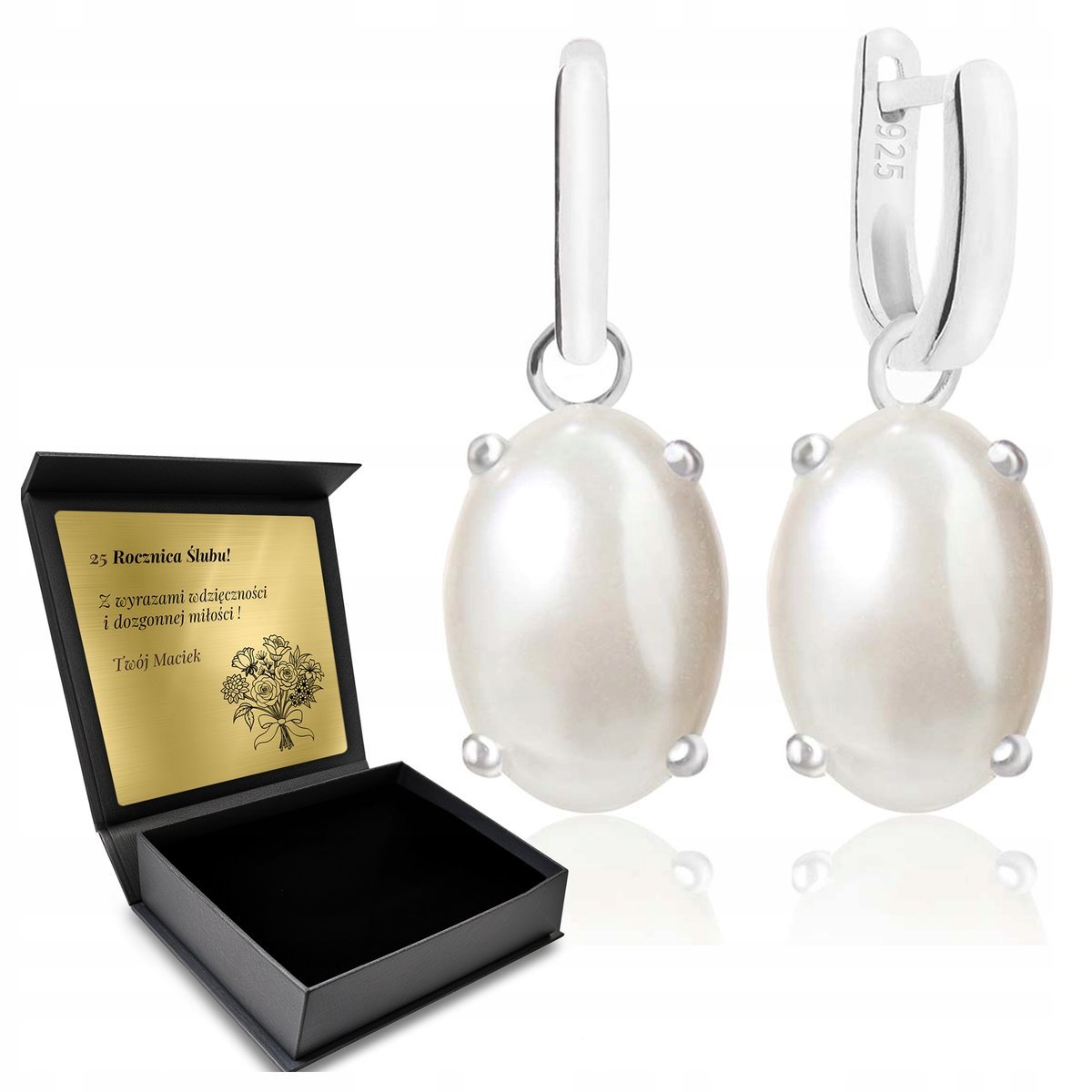 Kolczyki Srebrne 925 Perła Piękna Biżuteria Dla Kobiety + Grawer