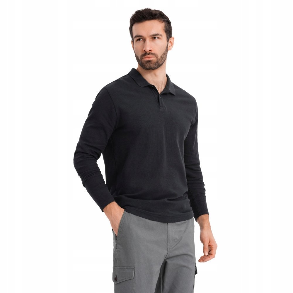 Longsleeve męski kołnierzyk polo basic czarny Ombre OM-POBL-0114 V2 r. XXL