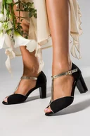 Espadryle damskie - Czarne sandały na słupku damskie t-bar z zakrytą piętą skórzana wkładka Casu ER24X6-B-37 - miniaturka - grafika 1