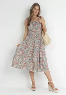 Zielono-Czerwona Rozkloszowana Sukienka Midi na Szerokich Ramiączkach z Gumkami w Pasie Anelanie - Sukienki - miniaturka - grafika 1