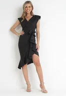 Sukienki - Czarna Kopertowa Sukienka Midi z Asymetrycznym Dołem z Falbanką Sarane - miniaturka - grafika 1