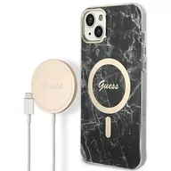Etui i futerały do telefonów - Guess Zestaw GUBPP14SHMEACSK Case+ Charger iPhone 14 6,1" czarny/black hard case Marble MagSafe - miniaturka - grafika 1