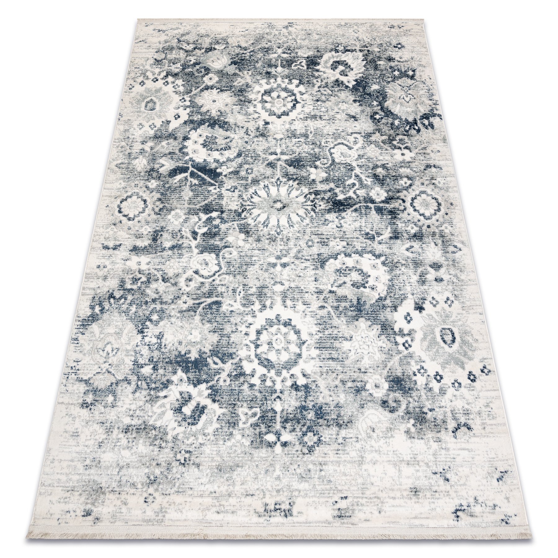 Dywan DISTIN 0822A granatowy / / biały nowoczesny - Rozeta, vintage, frędzle niebieski 80x150 cm