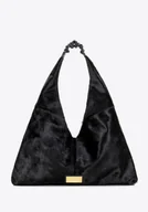 Torebki damskie - Torebka na ramię ze skóry naturalnej z włosiem czarna - miniaturka - grafika 1