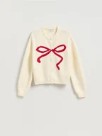 Swetry damskie - Reserved - Kardigan z kokardką - kremowy - miniaturka - grafika 1