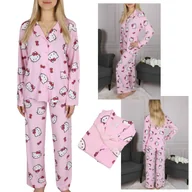 Piżamy damskie - Hello Kitty Damska, różowa piżama z długim rękawem, szerokie nogawki, zapinana na guziki XL - miniaturka - grafika 1