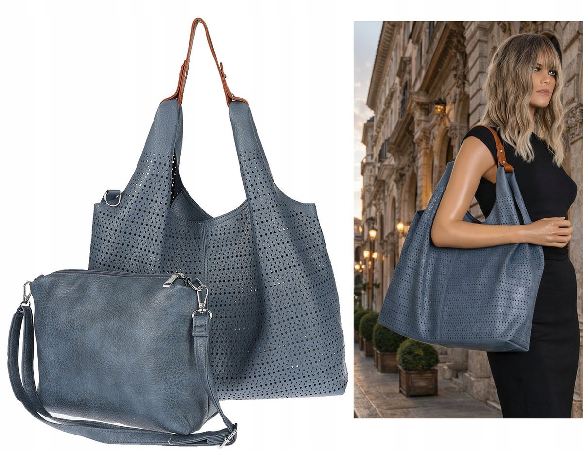 Torebka Damska shopper worek listonoszka pojemna Ażurowa 2w1 1901 niebieska
