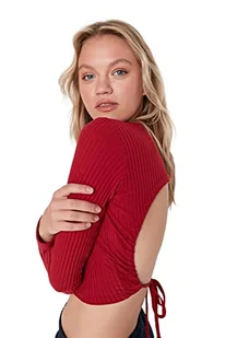 Trendyol Damska damska odzież domowa dopasowana standardowa dzianinowa bluzka z okrągłym dekoltem, bordowa, XL, Burgund, XL - Bluzki damskie - miniaturka - grafika 1