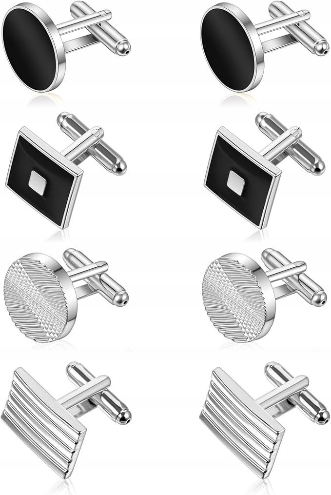 SPINKI DO MANKIETÓW CZARNO SREBRNE ELEGANCKIE ZESTAW 4 PAR