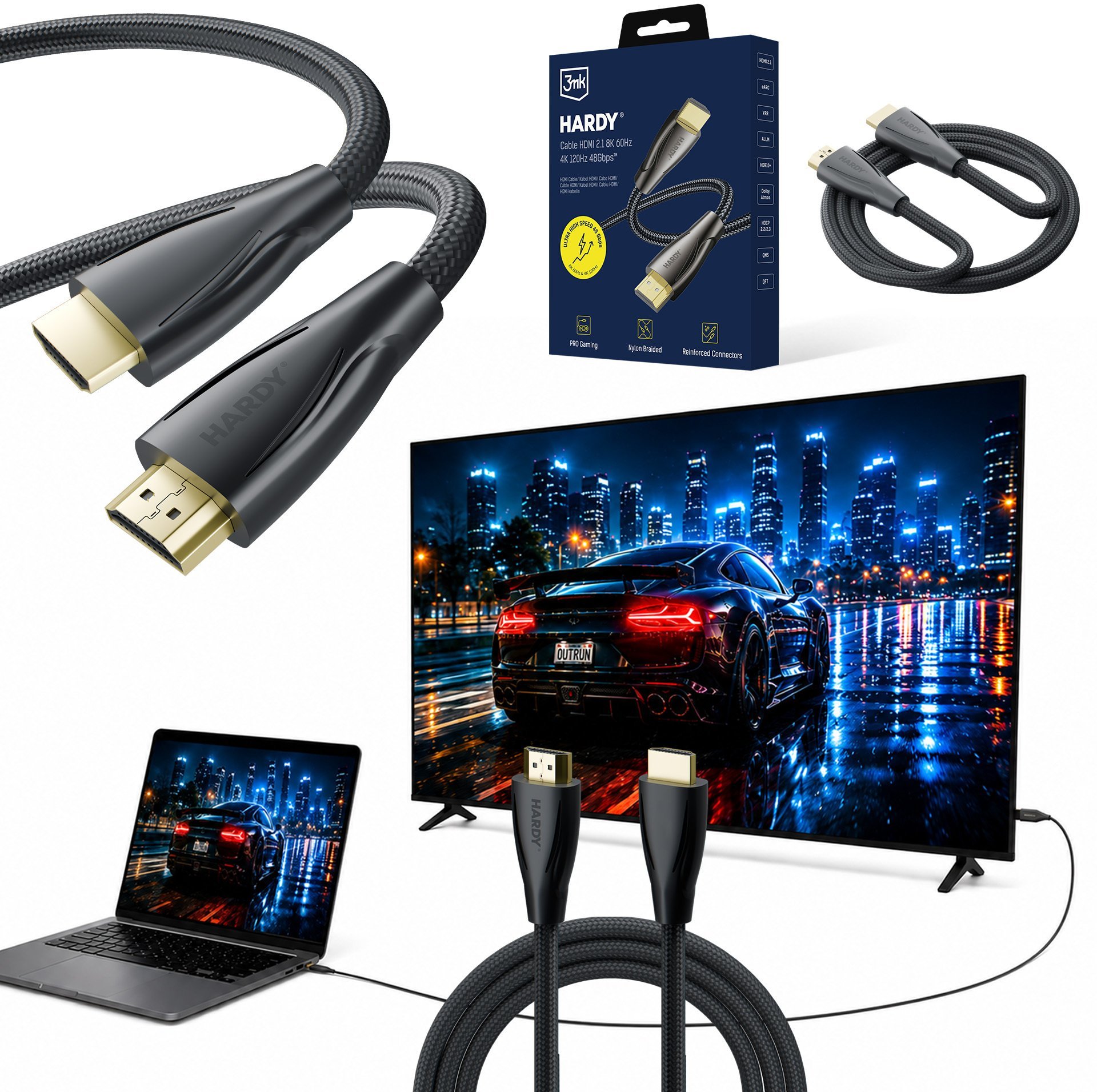 Kabel 3mk 3mk Hardy HDMI 2.1 0,5m Ultra High Speed 48Gbps 8K60Hz 4K120Hz eARC VRR ALLM Black