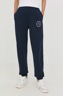 Spodnie damskie - Trussardi spodnie dresowe bawełniane damskie kolor granatowy gładkie - grafika 1