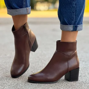 Brązowe ze skóry eko botki damskie na obcasie Sergio Leone Bt631 - Botki damskie - miniaturka - grafika 1