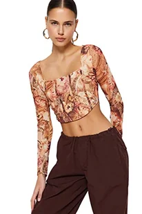 Trendyol Damska bluzka z dzianiny o regularnym kroju z okrągłym dekoltem, pomarańczowy, XS - Bluzki damskie - miniaturka - grafika 1