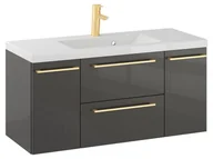 Szafki łazienkowe - Szafka Wisząca Z Umywalką RON 100 cm D - Titan Wysoki Połysk - Uchwyty Złote Szczotkowane - miniaturka - grafika 1
