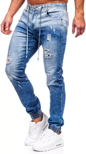 Spodnie męskie - Granatowe spodnie jeansowe joggery męskie Denley TF152 - grafika 1