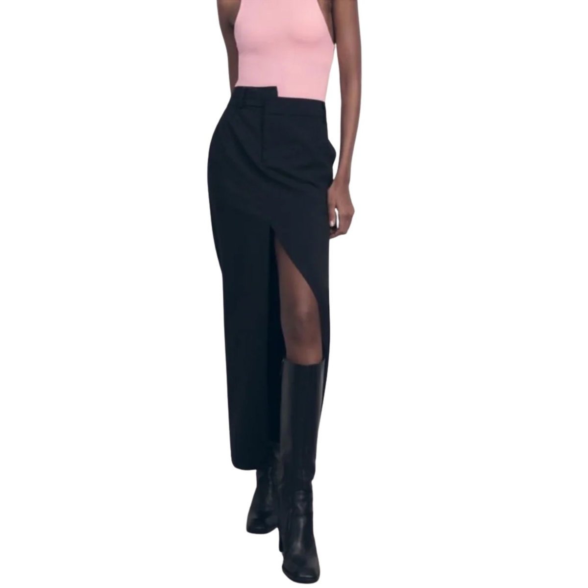 Spódnica damska Zara midi prosta czarna z rozcięciem-XS