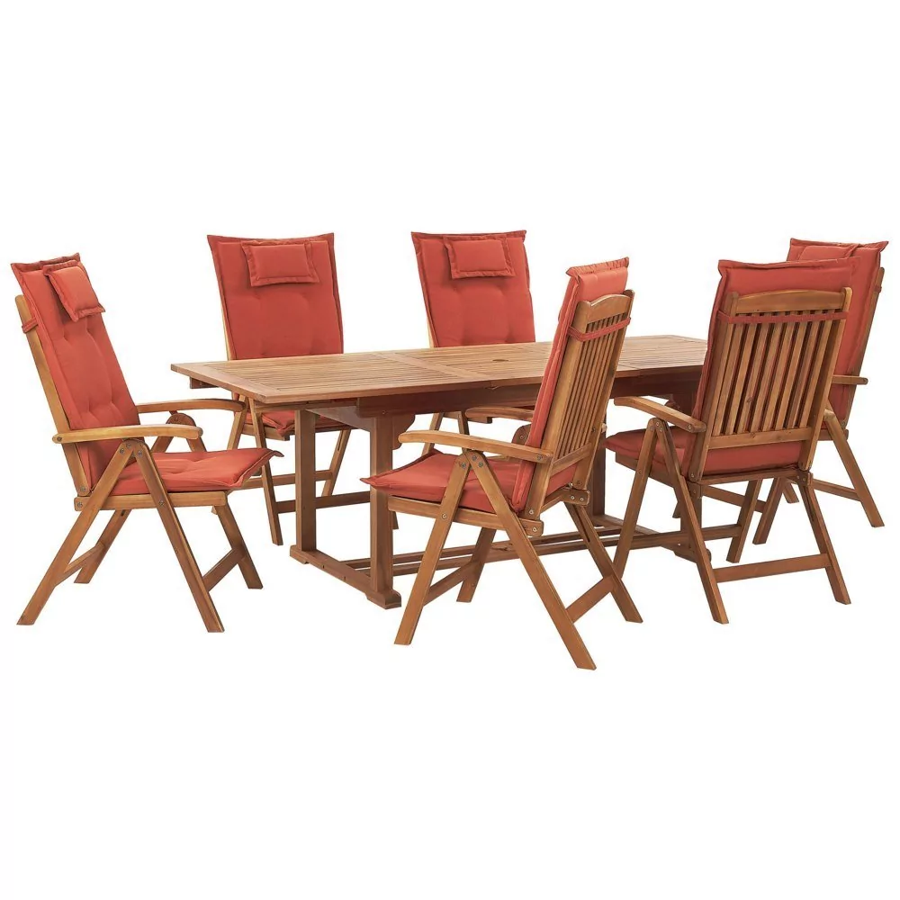 Shumee Zestaw ogrodowy drewniany stół i 6 krzeseł z poduszkami czerwonymi JAVA 262321