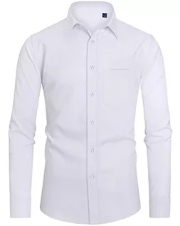 Koszule męskie - siliteelon Męska koszula ze stretchu, z długim rękawem, męska koszula casualowa, regularny krój, koszule rekreacyjne, łatwe prasowanie, garnitur biznesowy, A-biały, 3XL - grafika 1