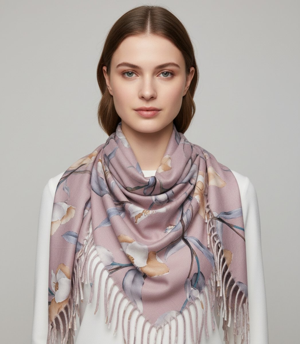 Elegancka kwiatowa chusta szal szalik z frędzlami