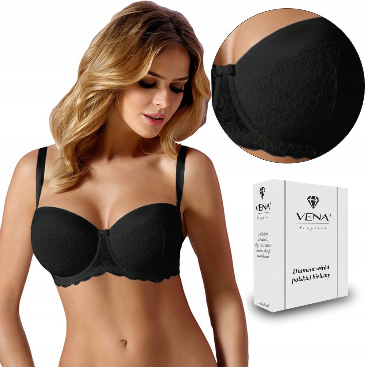 Biustonosz Bardotka Vena Vb-235 Czarny Koronka 90D