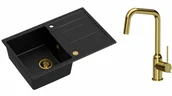 Zlewozmywaki z baterią - Quadron Zlewozmywak granitowy jednokomorowy 78*50*22 cm z ociekaczem MORGAN 111 PURE CARBON czarny ze złotym odpływem z baterią NATALIE Q LINE kolor złoty - miniaturka - grafika 1