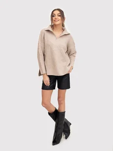 Beżowy sweter z kołnierzykiem AXS0225 - Swetry damskie - miniaturka - grafika 1
