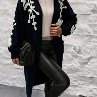 Swetry damskie - TEMU Kardigan Damski z Kontrastowym Haftem Kwiatowym – Miękka, Elastyczna Kurtka Sweterowa z Otwartą Przodem, Luźny i Elegancki Strój na Podróże, - miniaturka - grafika 1