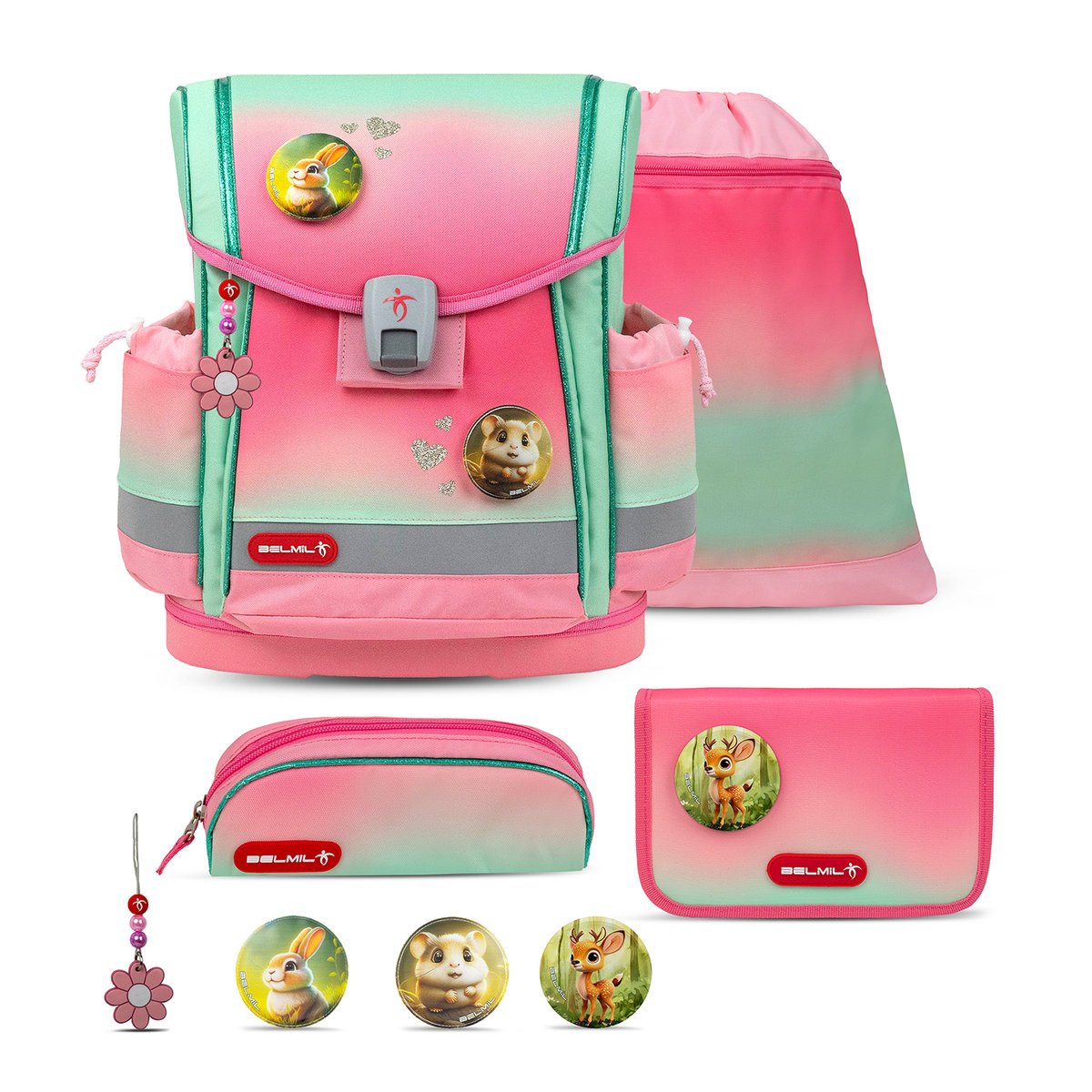 Zestaw tornistra szkolnego Belmil Classy Plus Mint Rose Ombre, 5-częściowy