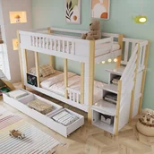 Łóżka dla dzieci i młodzieży - Łóżka piętrowe dziecięce 90x200 cm - z 3 szufladami - z małą tablicą - drabina z miejscem do przechowywania - Biały + Naturalny (bez materaca) - miniaturka - grafika 1