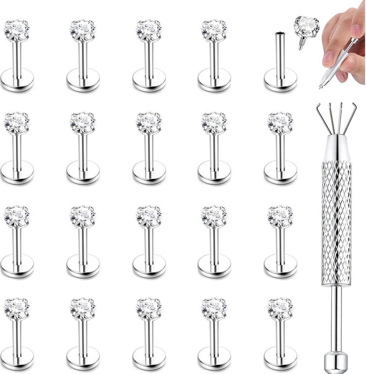 KOLCZYKI 20 SZTUK STAL NIERDZEWNA LABRET PIERCING ANTYALERGICZNE