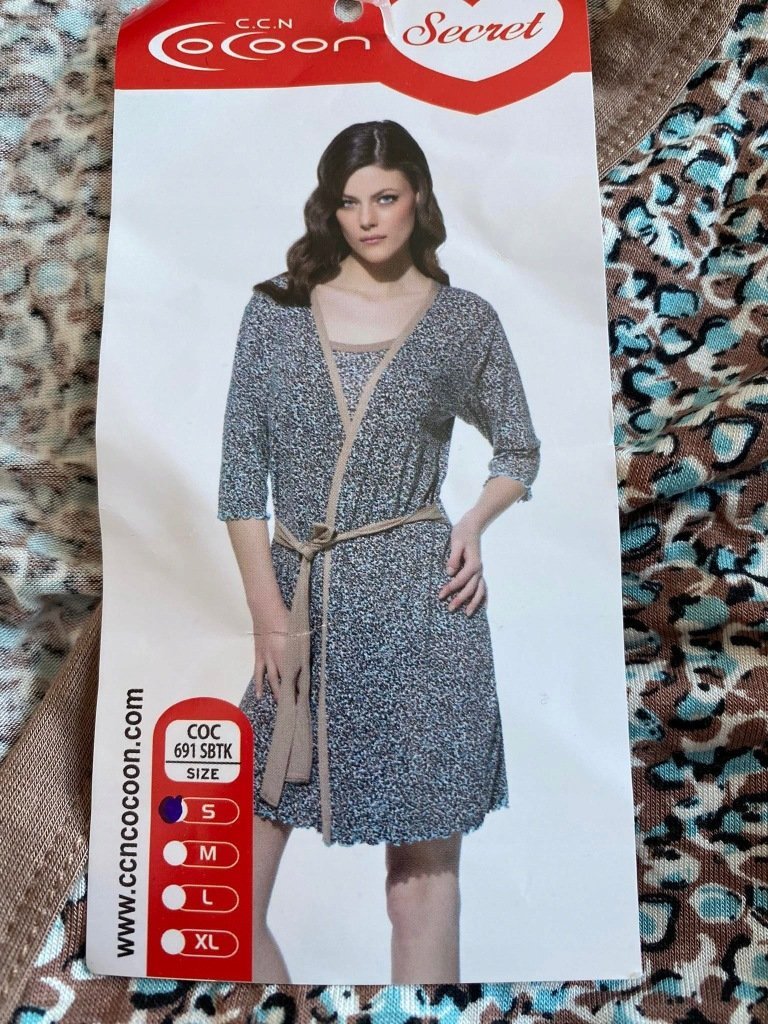 Komplet Damski Koszula + Szlafrok Beżowy Z Niebieskim roz. S